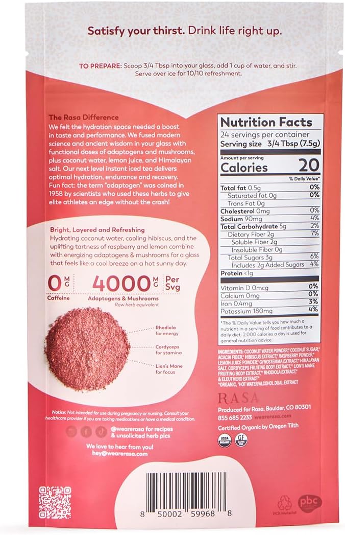 Organic Raspberry Hibiscus Iced Tea with Adaptogens & Mushrooms | Gluten-Free Electrolyte Powder Drink Mix for Hydration (6 oz)
