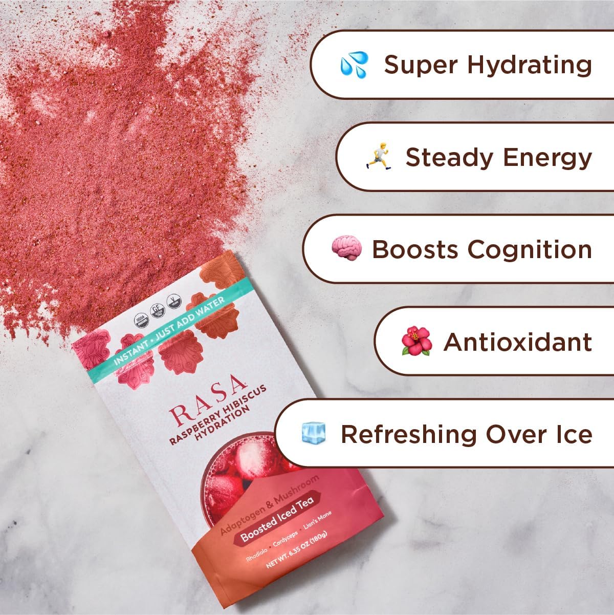 Organic Raspberry Hibiscus Iced Tea with Adaptogens & Mushrooms | Gluten-Free Electrolyte Powder Drink Mix for Hydration (6 oz)