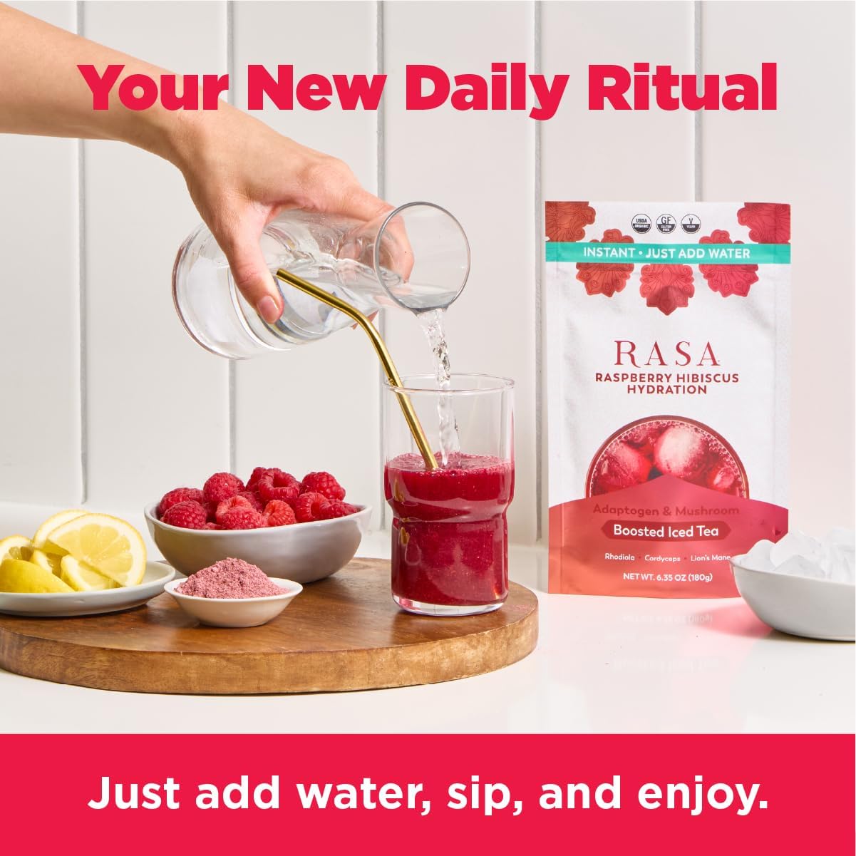 Organic Raspberry Hibiscus Iced Tea with Adaptogens & Mushrooms | Gluten-Free Electrolyte Powder Drink Mix for Hydration (6 oz)