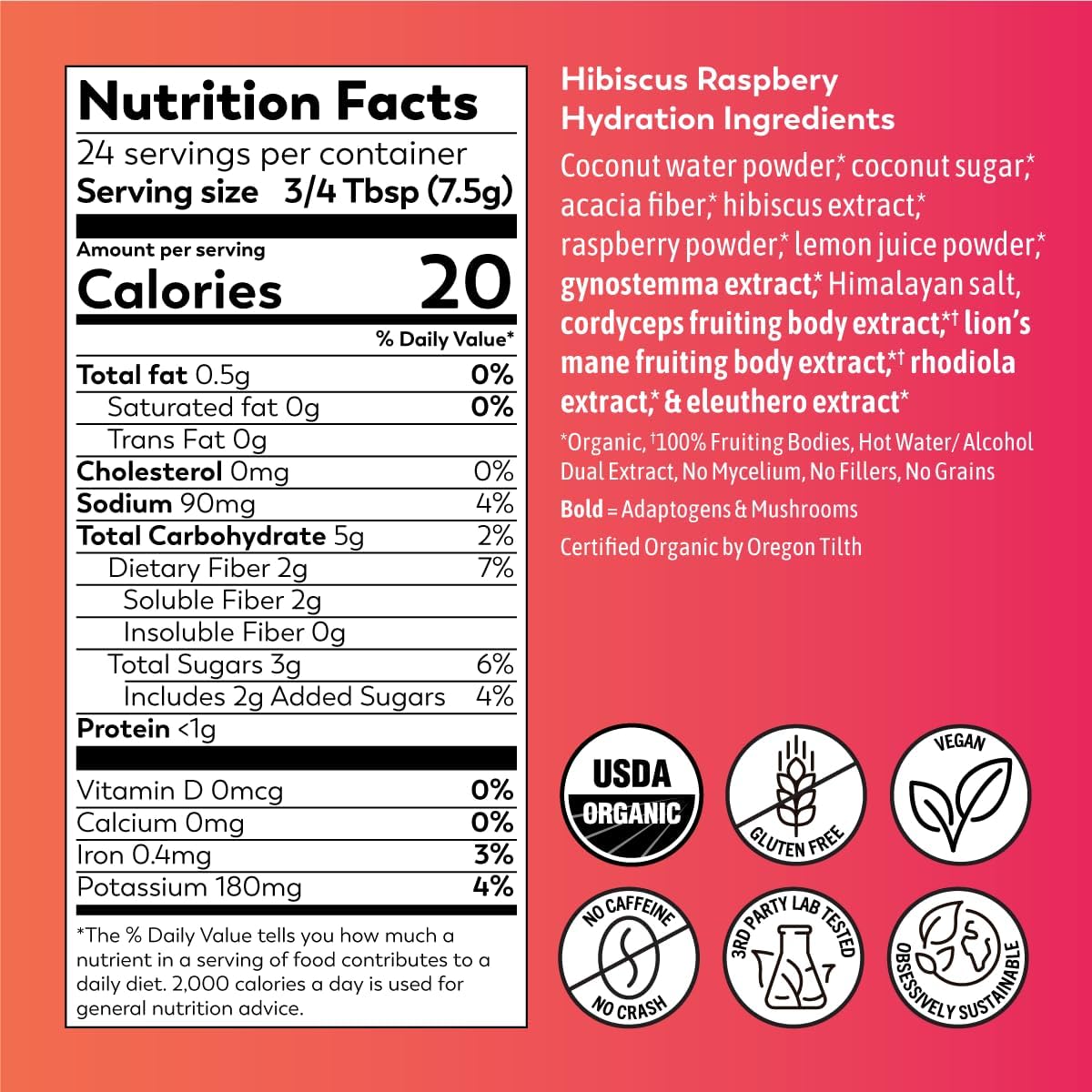 Organic Raspberry Hibiscus Iced Tea with Adaptogens & Mushrooms | Gluten-Free Electrolyte Powder Drink Mix for Hydration (6 oz)