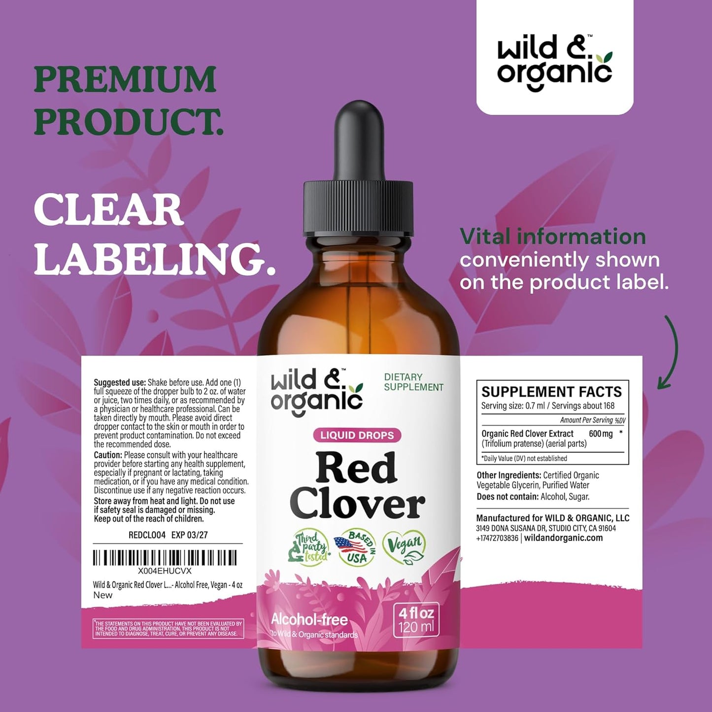 Organic Red Clover Tincture 600mg - Liquid Herbal Supplement for Women - 2-Month Supply - Vegan & Alcohol-Free - 4 fl oz