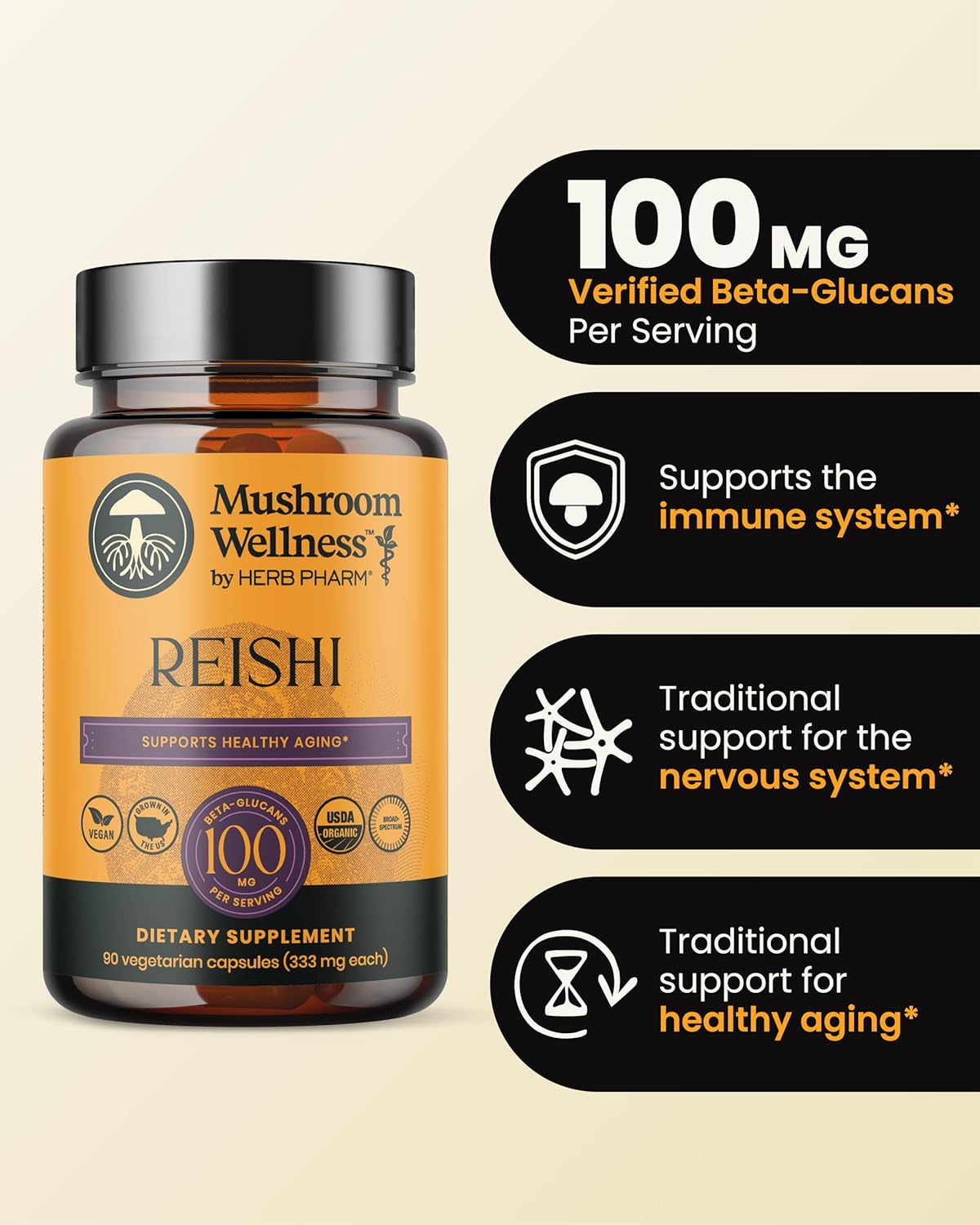 Organic Red Reishi Mushroom Capsules for Immune, Nervous System & Cardiovascular Support - 90 Vegan Capsules
