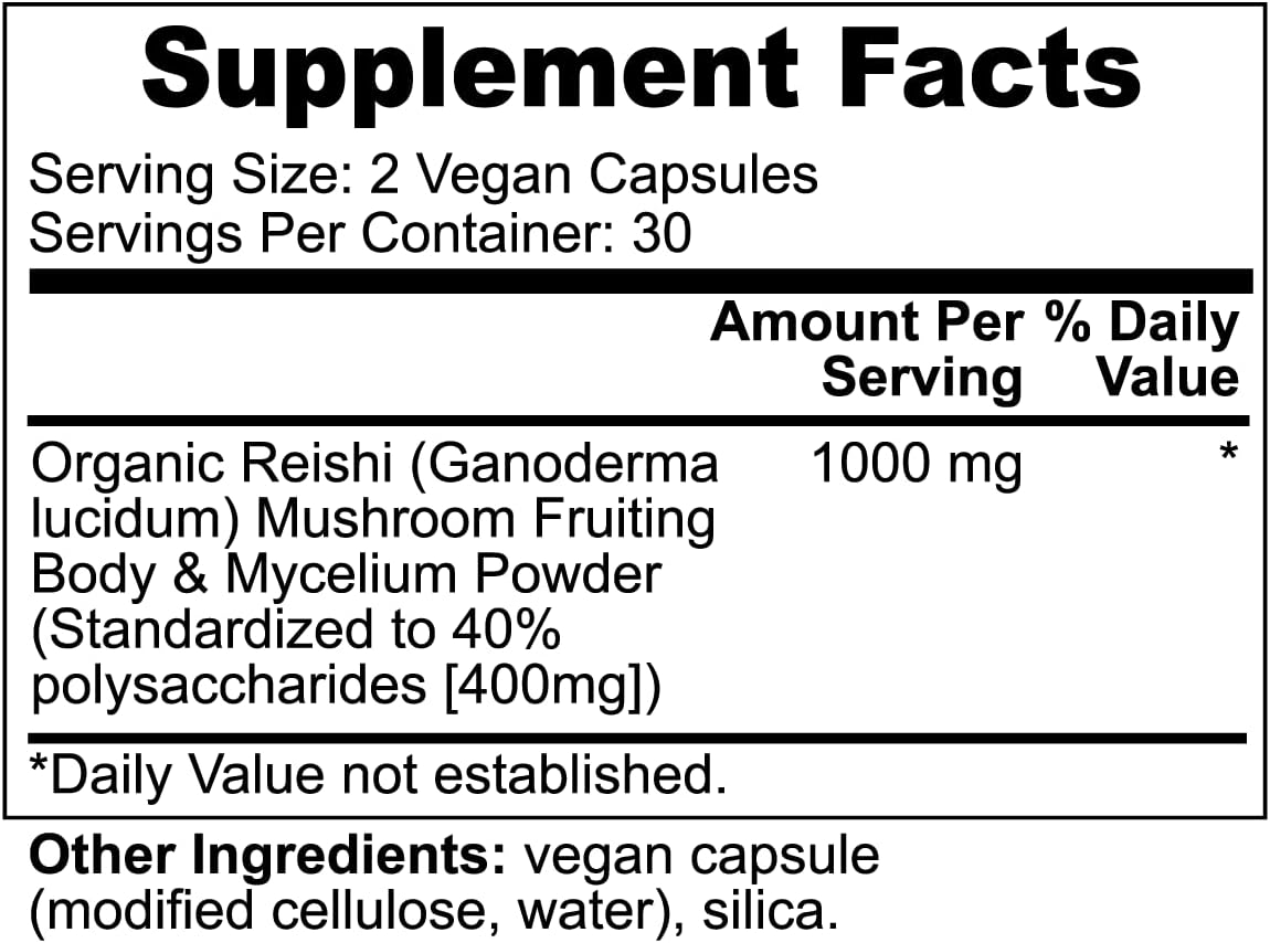 Organic Reishi Mushroom Extract Capsules for Improved Sleep, Cardiovascular Health, and Immune Support - Vegan and Non-GMO