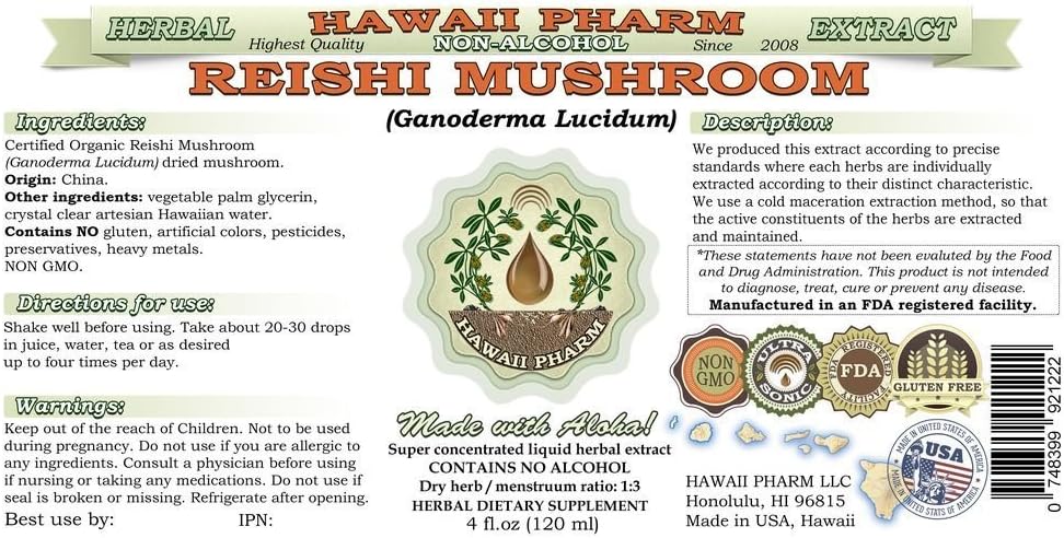 Organic Reishi Mushroom Liquid Extract - Alcohol-Free Tonic of Emperors, Natural Herbal Supplement, Hawaii Pharm, USA 4 fl.oz
