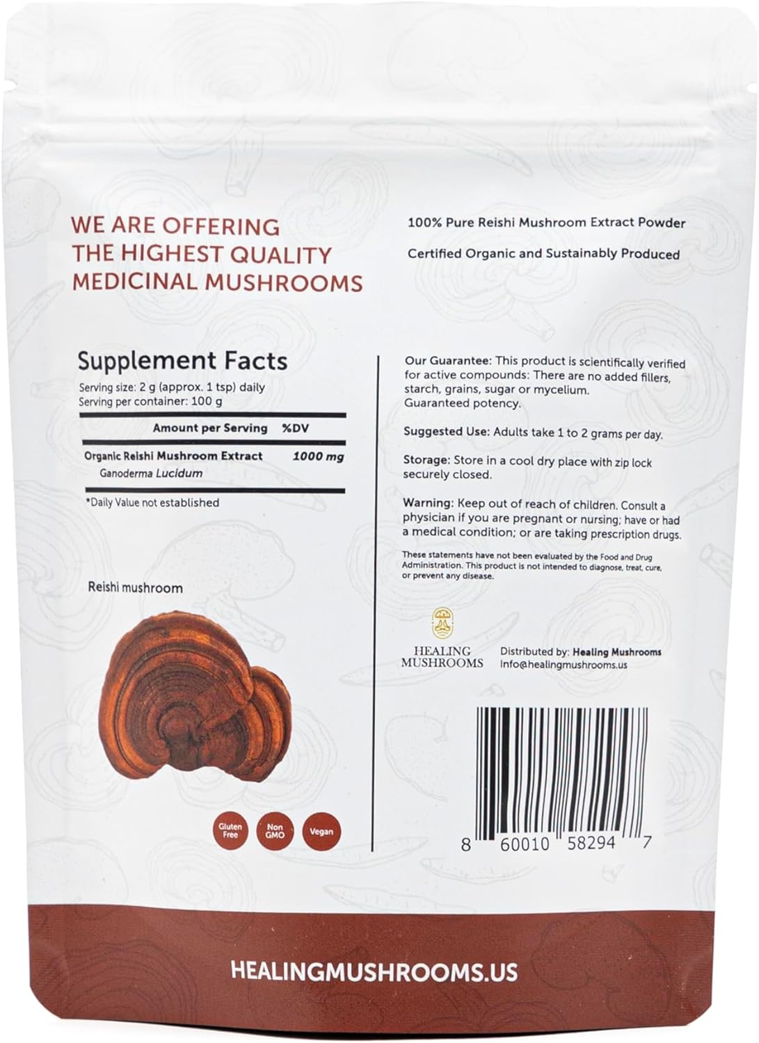Organic Reishi Mushroom Powder for Immune Support, Longevity, Mood & Sleep - Non-GMO, No Fillers, Pure Supplement