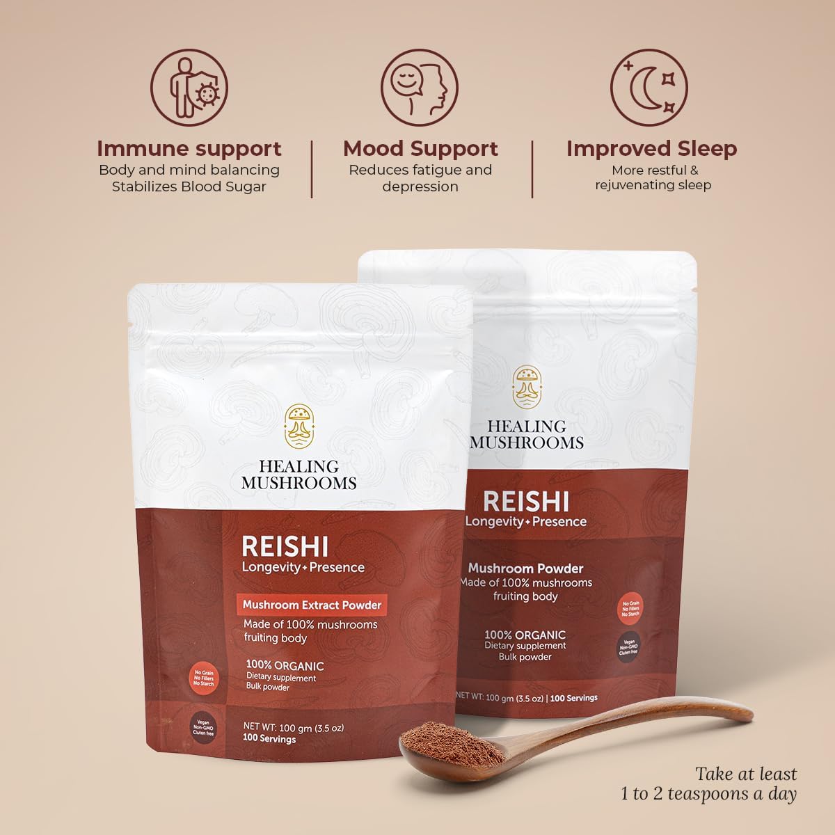 Organic Reishi Mushroom Powder for Immune Support, Longevity, Mood & Sleep - Non-GMO, No Fillers, Pure Supplement