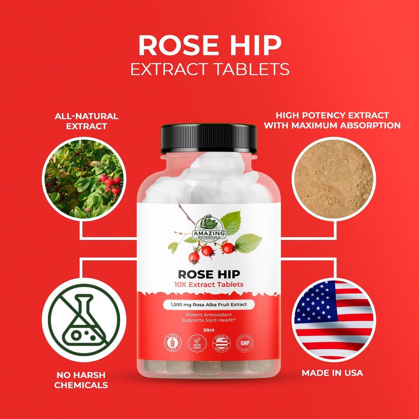 Organic Rose Hip 10X Extract Tablets - 30ct 1,500mg Joint Health Supplement - Natural Antioxidant Immune Support for Overall Wellbeing