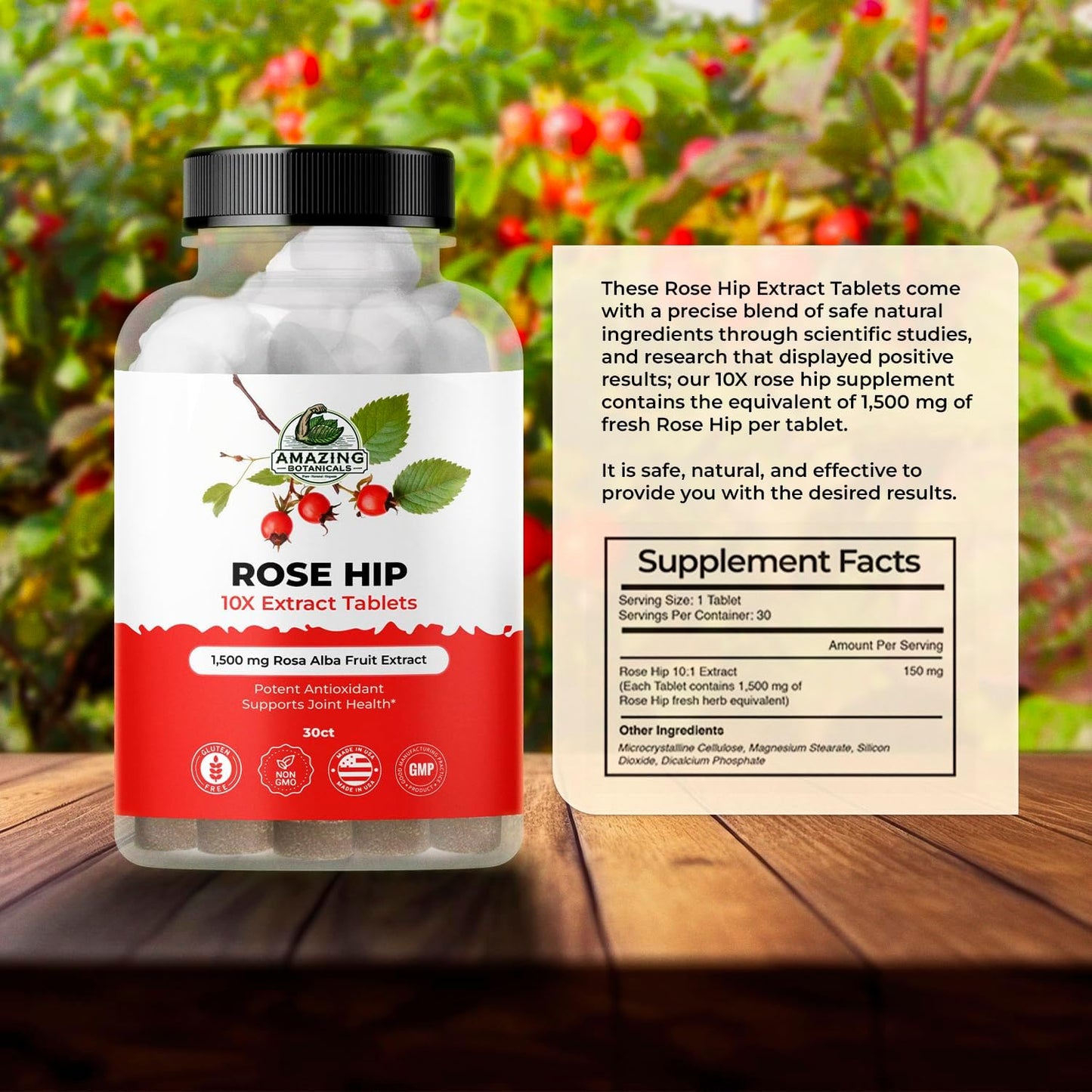 Organic Rose Hip 10X Extract Tablets - 30ct 1,500mg Joint Health Supplement - Natural Antioxidant Immune Support for Overall Wellbeing