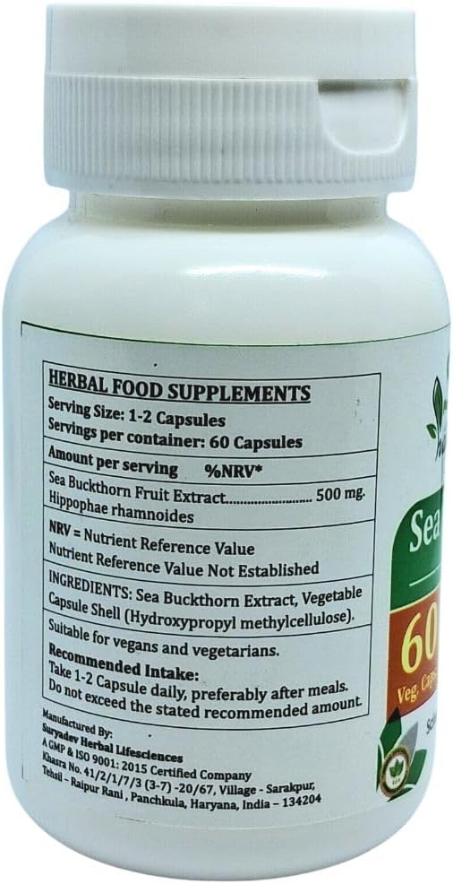 Organic Sea Buckthorn Extract Capsules 500mg | Men & Women Herbal Supplement | Ayurvedic Forte Blend (60 Veg Capsules)