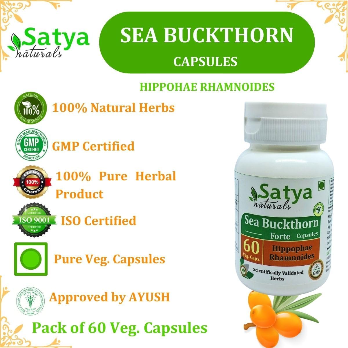 Organic Sea Buckthorn Extract Capsules 500mg | Men & Women Herbal Supplement | Ayurvedic Forte Blend (60 Veg Capsules)