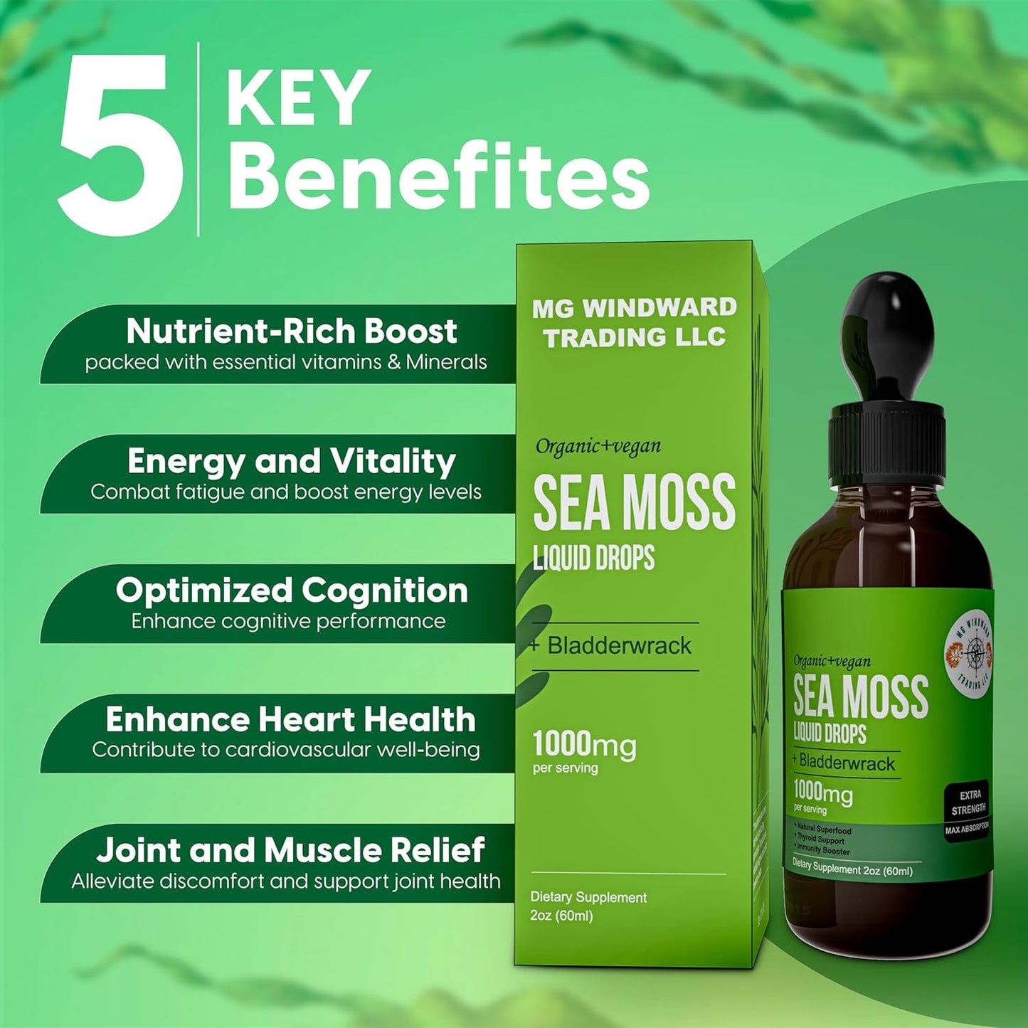Organic Sea Moss Liquid Drops with Bladderwrack & Elderberry | 30,000 MG | 4X Strength | Health Supplement | 1 Bottle