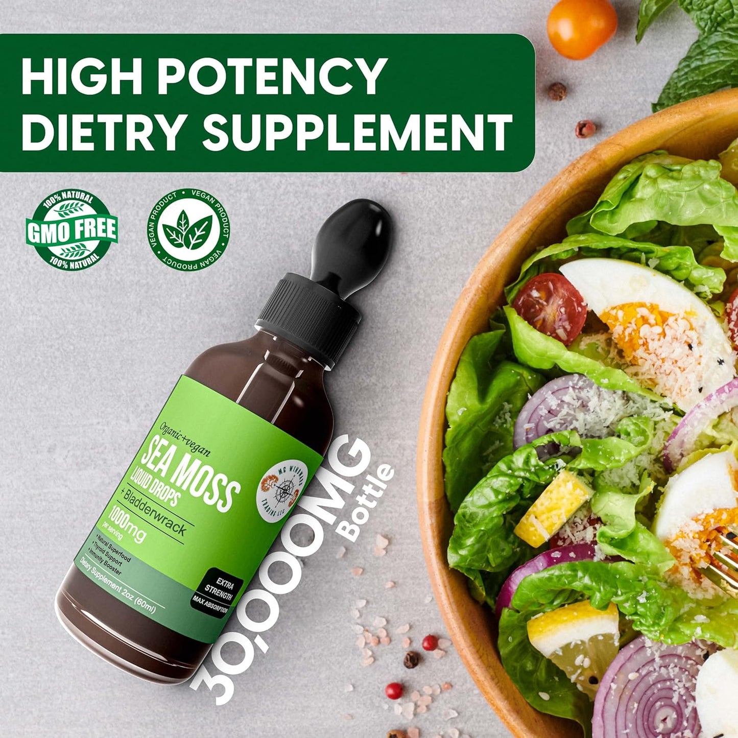 Organic Sea Moss Liquid Drops with Bladderwrack & Elderberry | 30,000 MG | 4X Strength | Health Supplement | 1 Bottle