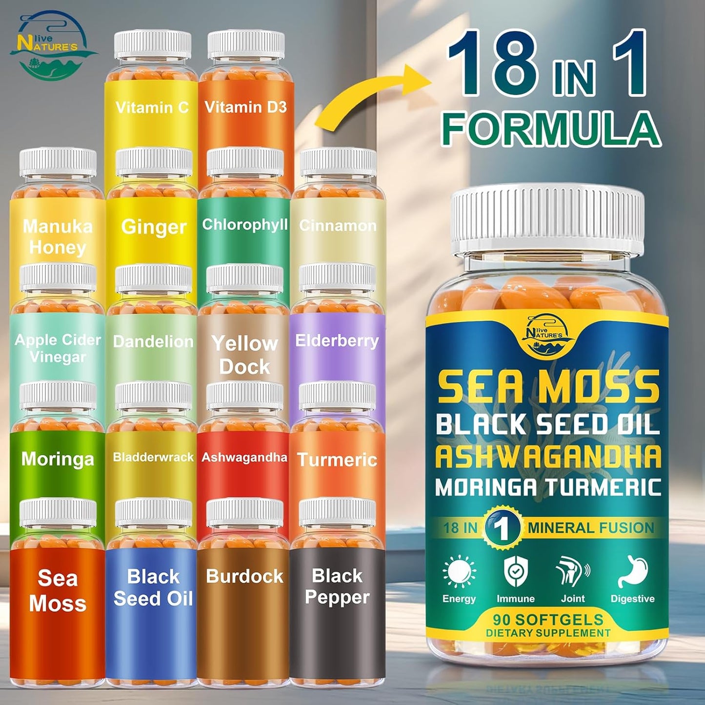 Organic Sea Moss Softgels with Black Seed Oil, Ashwagandha, Bladderwrack, Ginger, Burdock Root, Manuka Honey, Cinnamon - Immune System, Skin, Energy - 90 Softgels