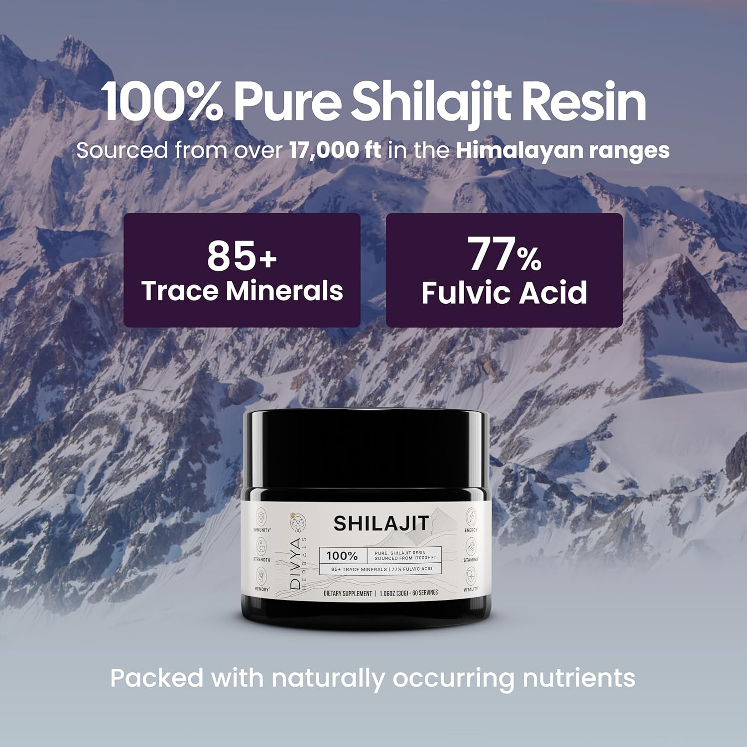 Organic Shilajit Resin with 85+ Trace Minerals and 77%+ Fulvic Acid - Energy and Vitality Supplement - Sustainably Sourced - No Fillers - 30gm