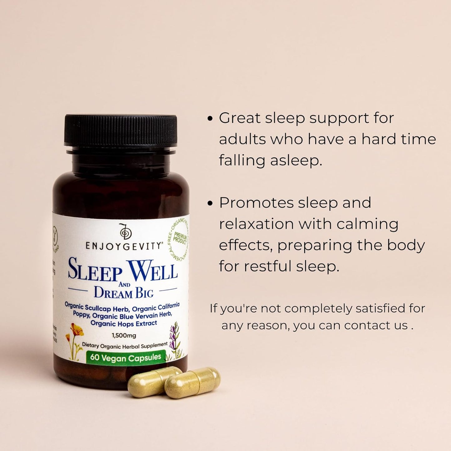 Organic Sleep Aid Capsules - Herbal Supplement for Calming & Relaxing - 60 Vegan Capsules - Natural Ingredients - 1,500 mg