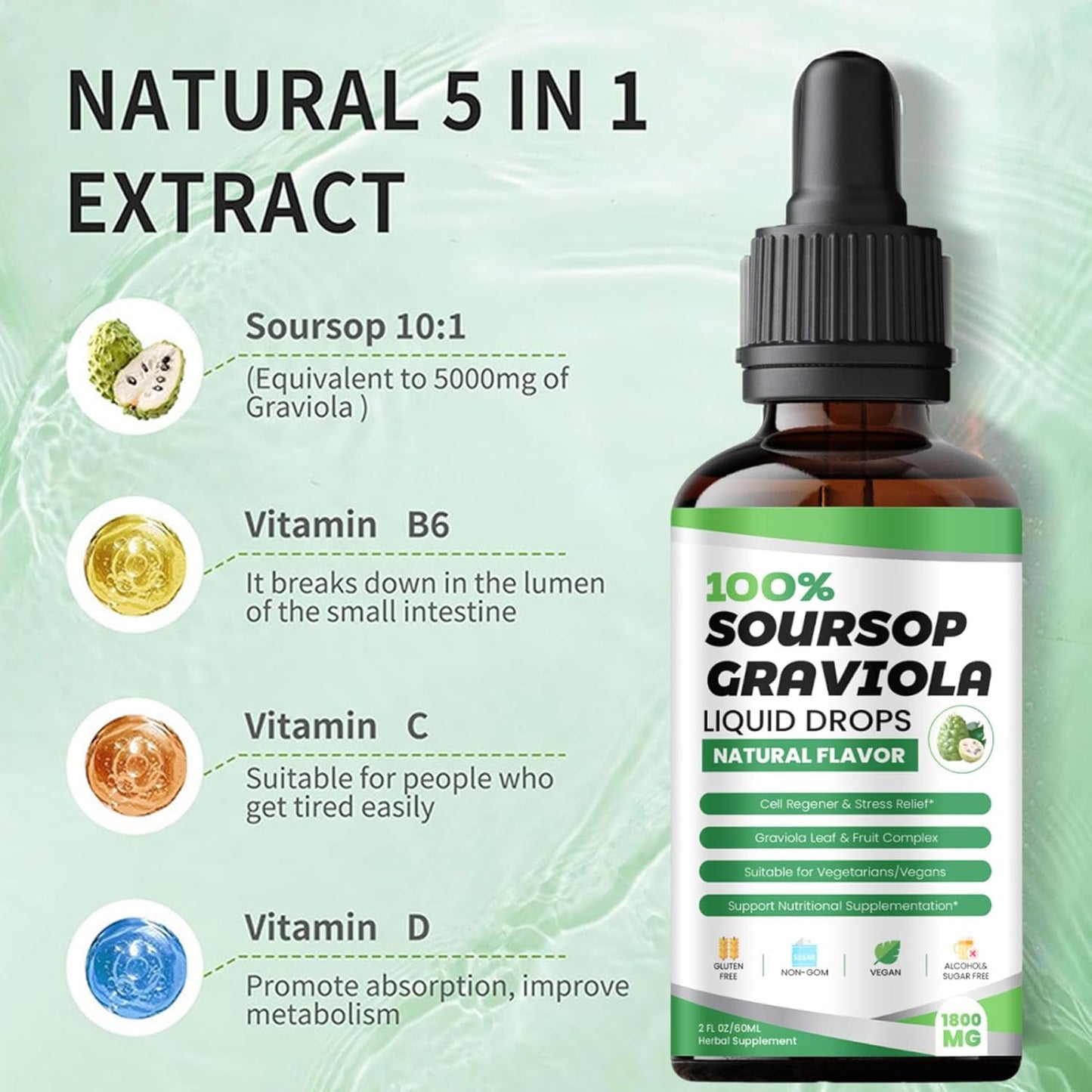Organic Soursop Drops Extract - 1800mg Immune Boost & Antioxidant Support