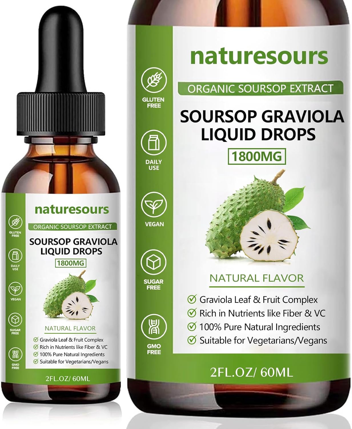 Organic Soursop Extract Liquid Drops 1800MG - Pure Soursop Leaf and Fruit Extract - 2 FL OZ Bottle - Sugar/Gluten Free