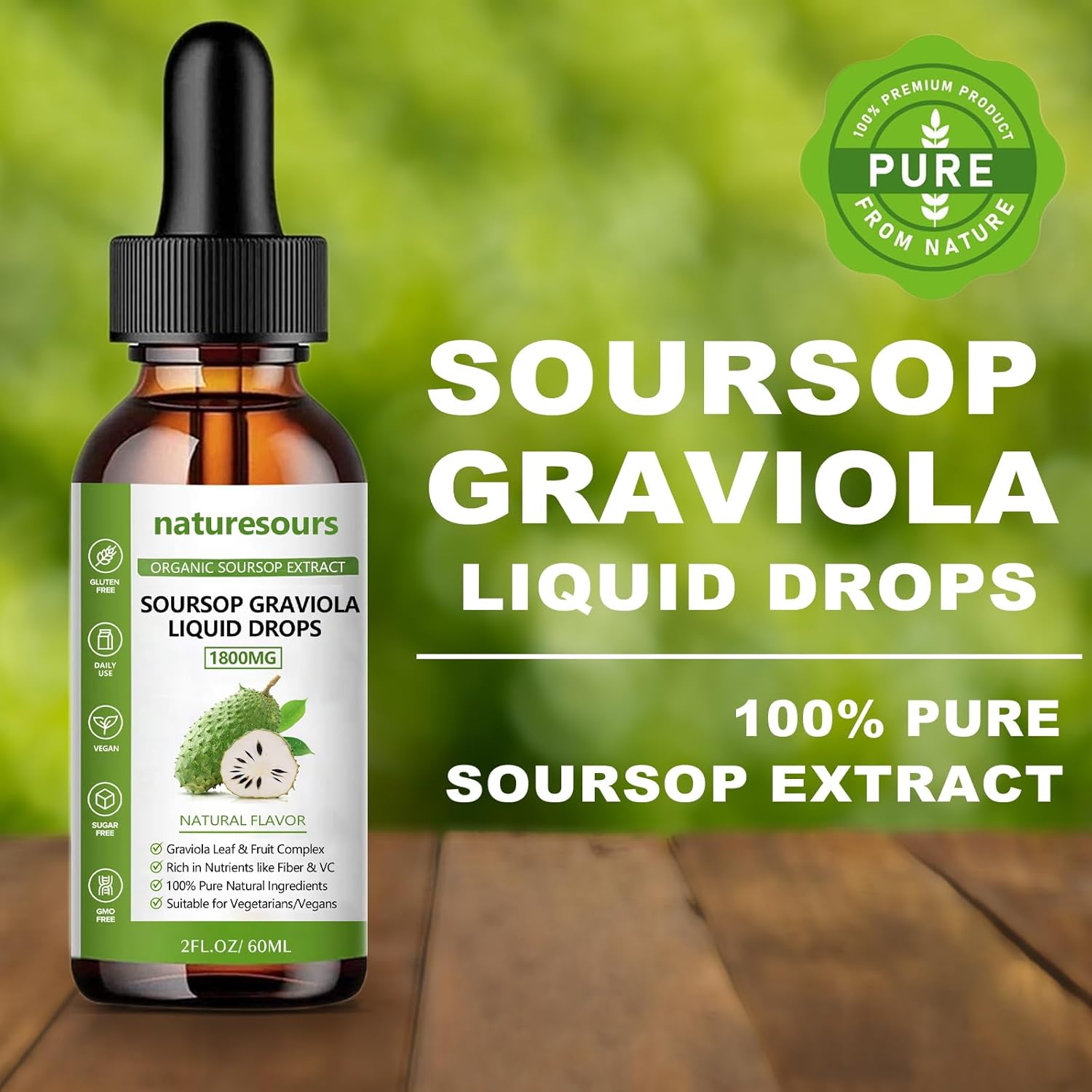 Organic Soursop Extract Liquid Drops 1800MG - Pure Soursop Leaf and Fruit Extract - 2 FL OZ Bottle - Sugar/Gluten Free