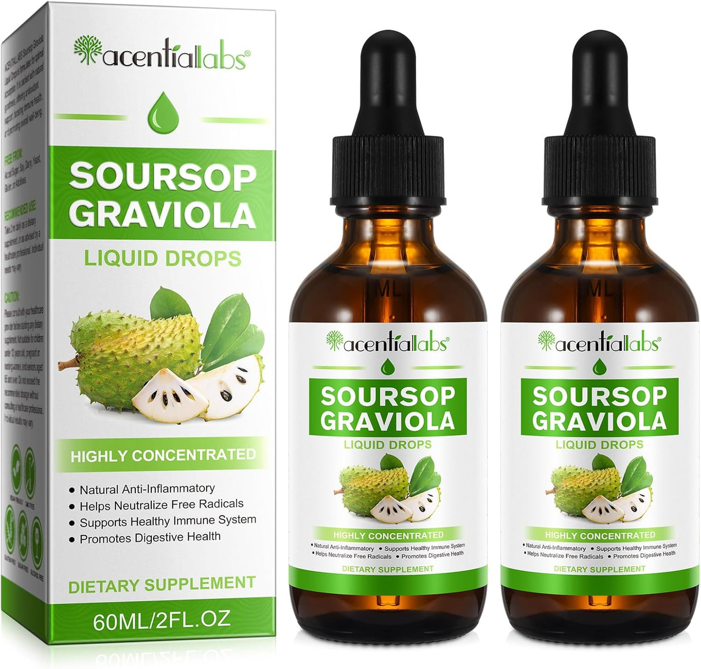 Organic Soursop Graviola Liquid Drops - 2 Pack for Cell Regeneration & Immune Health Boost, Antioxidant Support - Herbal Goodness