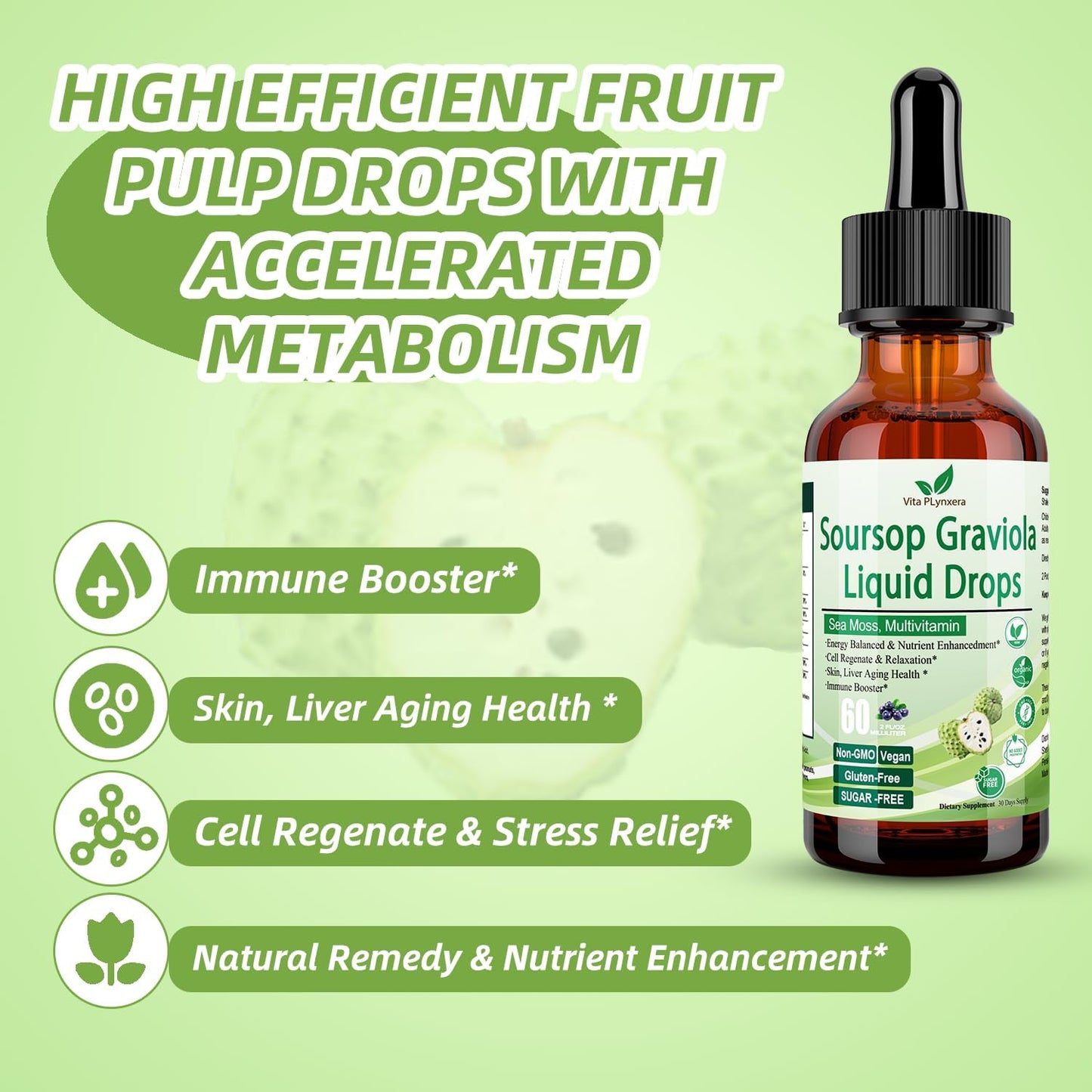 Organic Soursop Graviola Liquid Drops with Sea Moss and Grape Seed - Immune Boosting Multivitamin Supplement - 2 Fl/Oz