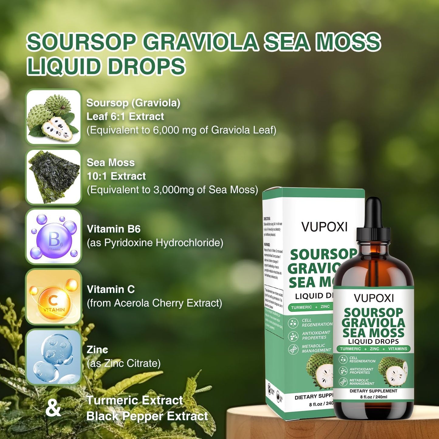 Organic Soursop Multivitamin Liquid Drops for Cell Support & Immune Boost - Sugar-Free, Vegan, Non-GMO - 8 Fl Oz