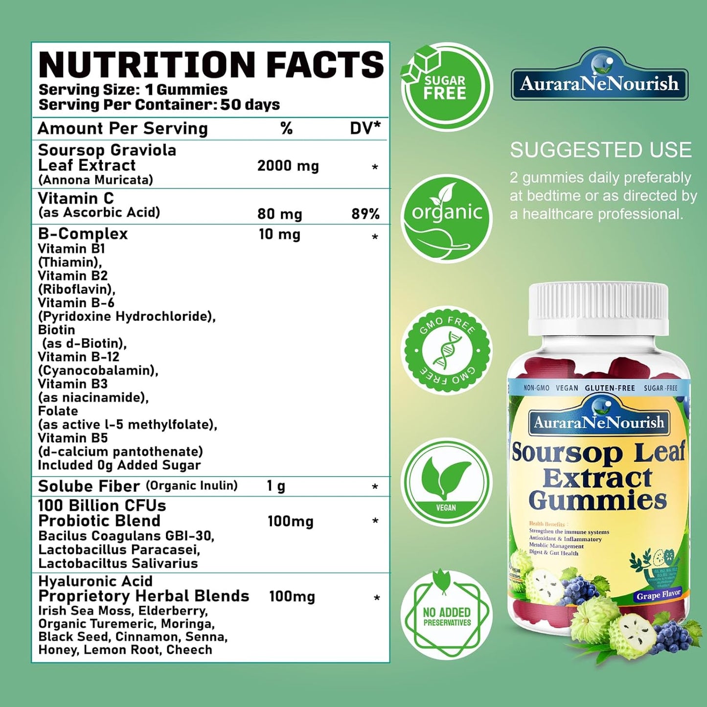 Organic Sugar-Free Soursop Gummies with Probiotics, Fiber, and Vitamin C B-Complex for Digestive Health and Immune Boost
