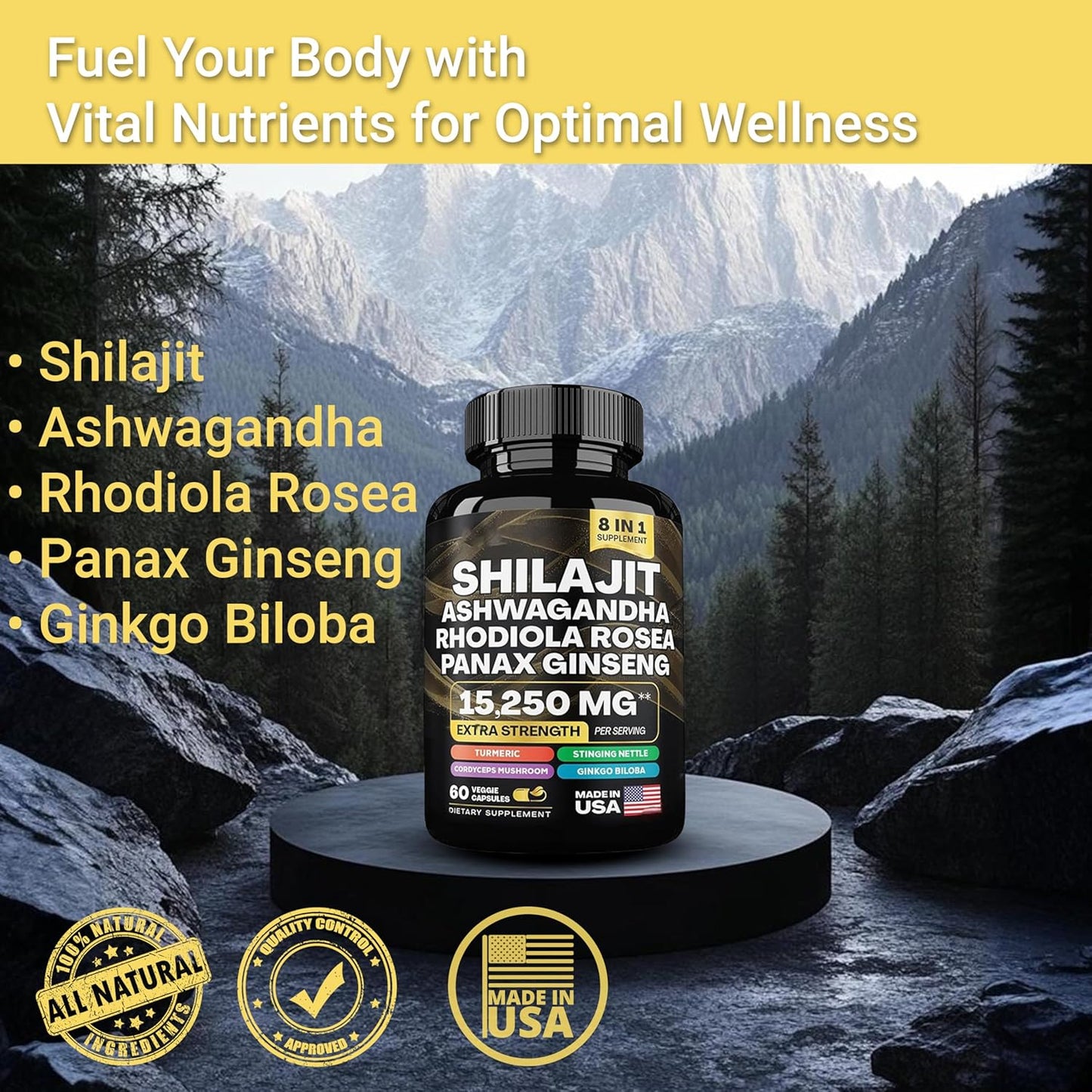 Organic Superfood Supplement with Shilajit, Ashwagandha, Rhodiola Rosea, Panax Ginseng, Cordyceps Mushroom, Ginkgo Biloba, Stinging Nettle, and Turmeric - 9000mg - 2000mg - 1000mg - 1500mg - 500mg - 500mg - 250mg - 500mg