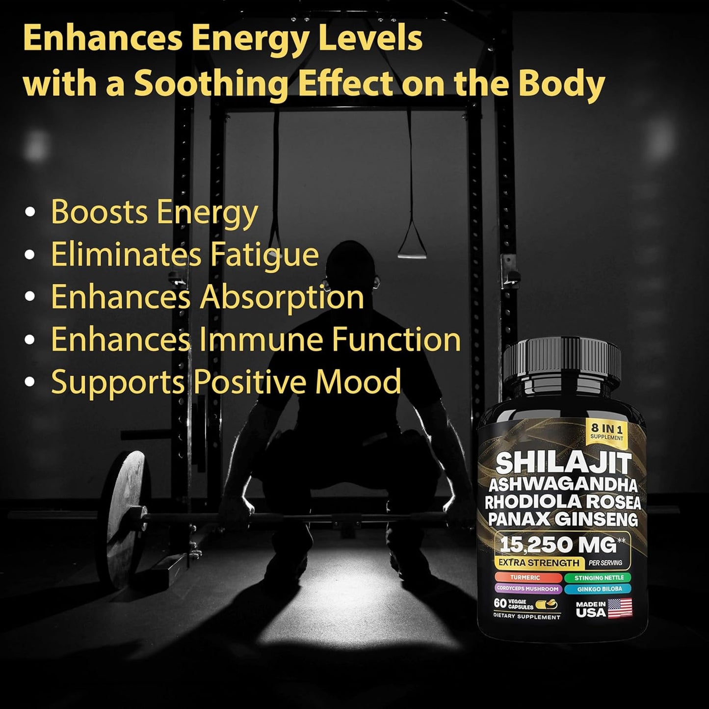 Organic Superfood Supplement with Shilajit, Ashwagandha, Rhodiola Rosea, Panax Ginseng, Cordyceps Mushroom, Ginkgo Biloba, Stinging Nettle, and Turmeric - 9000mg - 2000mg - 1000mg - 1500mg - 500mg - 500mg - 250mg - 500mg