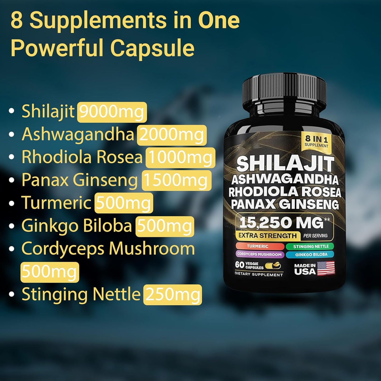 Organic Superfood Supplement with Shilajit, Ashwagandha, Rhodiola Rosea, Panax Ginseng, Cordyceps Mushroom, Ginkgo Biloba, Stinging Nettle, and Turmeric - 9000mg - 2000mg - 1000mg - 1500mg - 500mg - 500mg - 250mg - 500mg