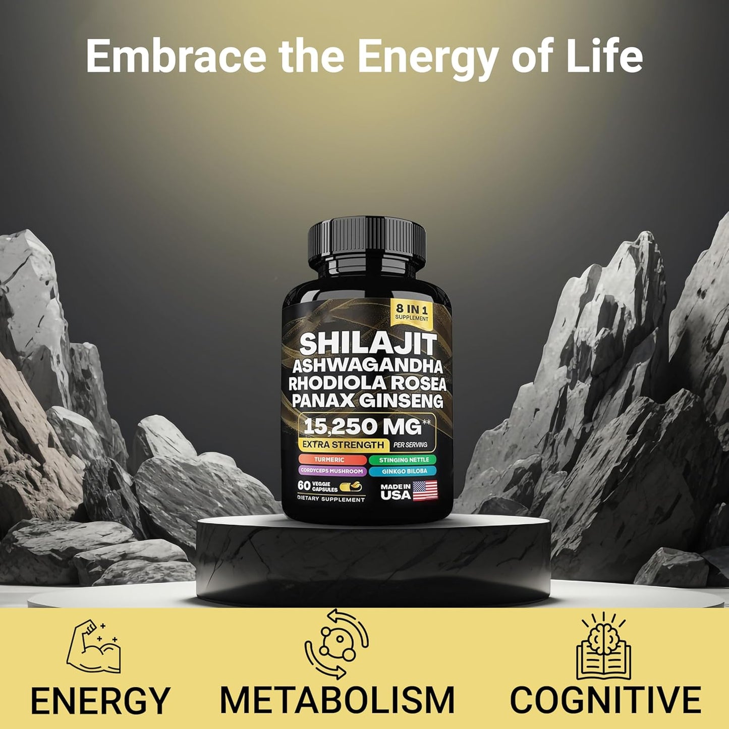 Organic Superfood Supplement with Shilajit, Ashwagandha, Rhodiola Rosea, Panax Ginseng, Cordyceps Mushroom, Ginkgo Biloba, Stinging Nettle, and Turmeric - 9000mg - 2000mg - 1000mg - 1500mg - 500mg - 500mg - 250mg - 500mg