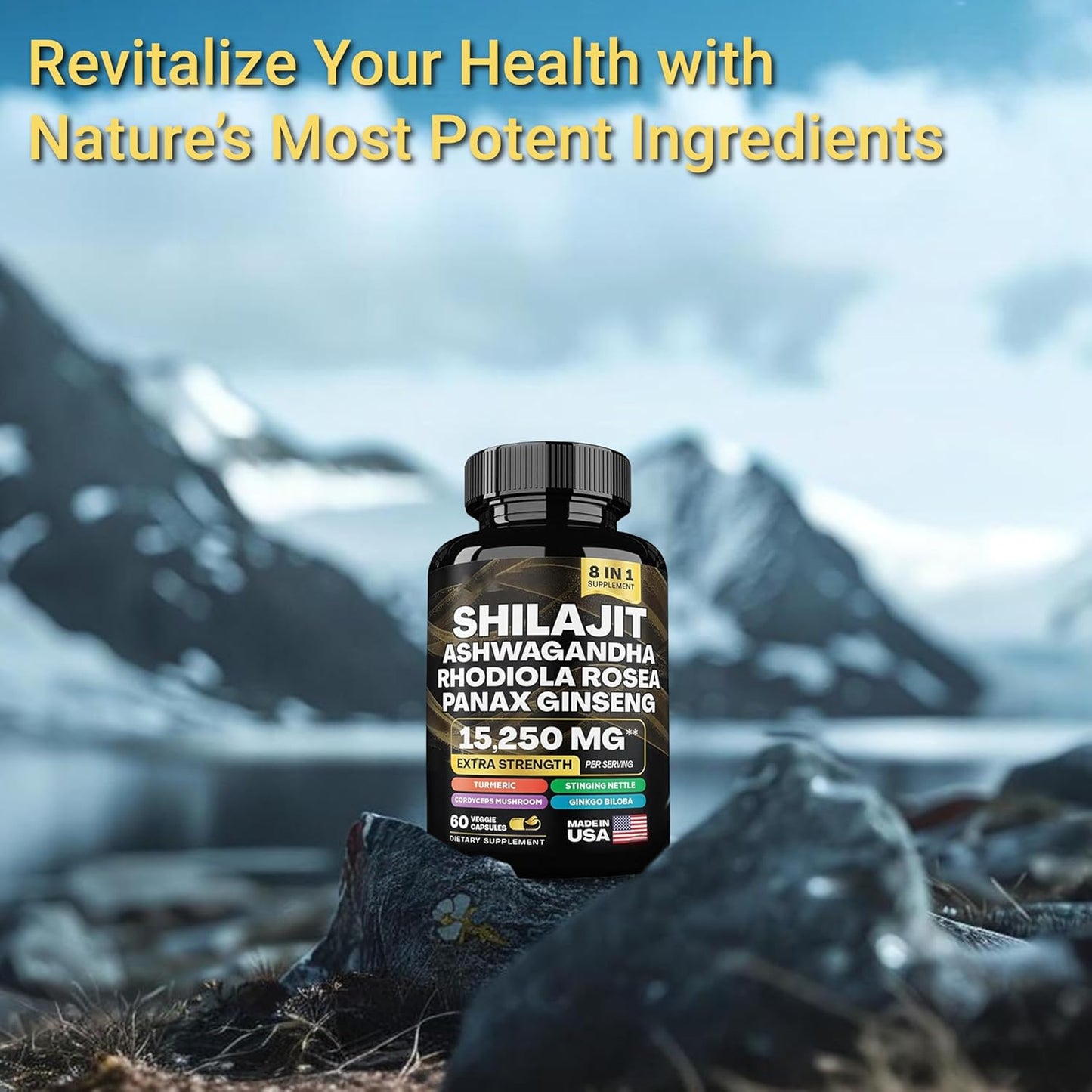 Organic Superfood Supplement with Shilajit, Ashwagandha, Rhodiola Rosea, Panax Ginseng, Cordyceps Mushroom, Ginkgo Biloba, Stinging Nettle, and Turmeric - 9000mg - 2000mg - 1000mg - 1500mg - 500mg - 500mg - 250mg - 500mg