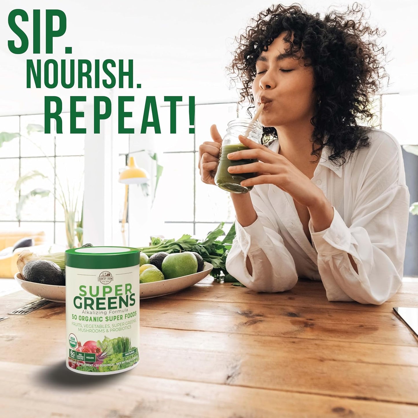 Organic Superfoods Drink Mix with Vitamin C and Elderberry for Immune Support - COUNTRY FARMS Super Greens Powder