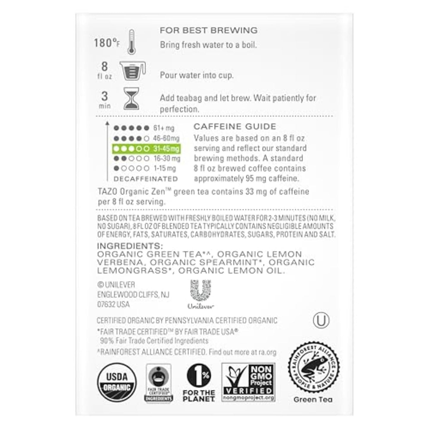 Organic TAZO Zen Green Tea with Lemongrass & Spearmint, 36 Bags