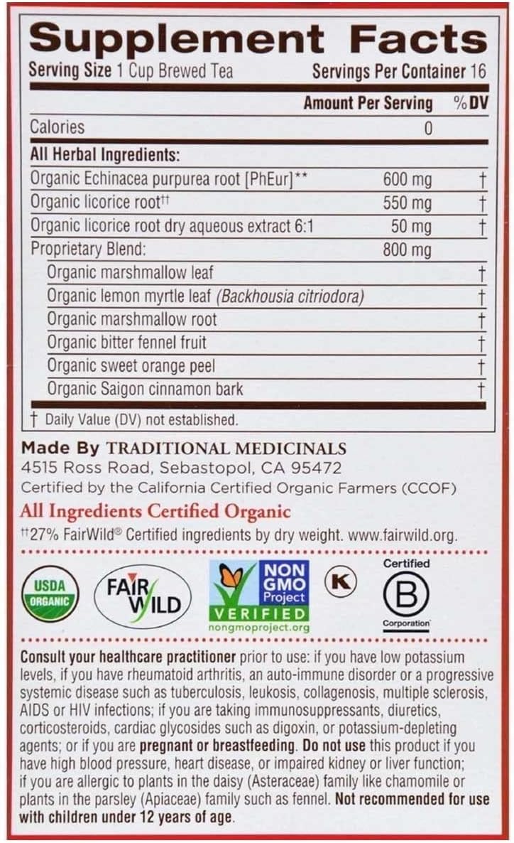 Organic Throat Coat Lemon Echinacea Herbal Tea - 32 Count, Supports Throat Health - Traditional Medicinals