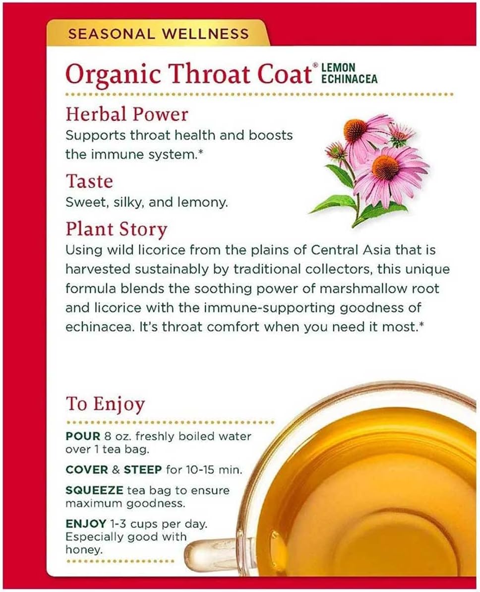 Organic Throat Coat Lemon Echinacea Herbal Tea - 32 Count, Supports Throat Health - Traditional Medicinals