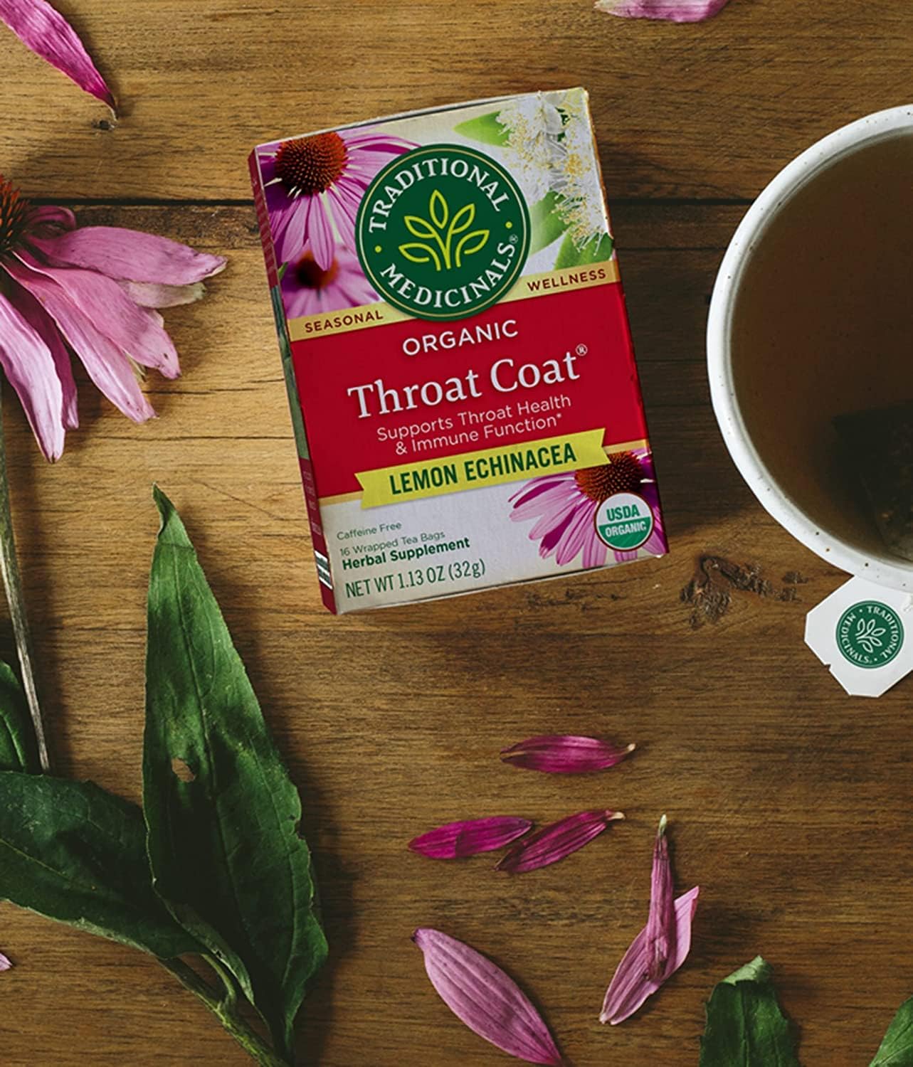 Organic Throat Coat Lemon Echinacea Herbal Tea - 32 Count, Supports Throat Health - Traditional Medicinals