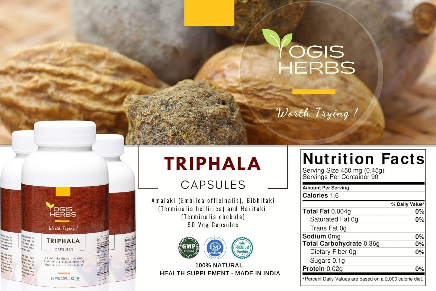 Organic Triphala Capsules with Amalaki, Bibhitaki, and Haritaki - 90 Veg Capsules - YOGIS HERBS