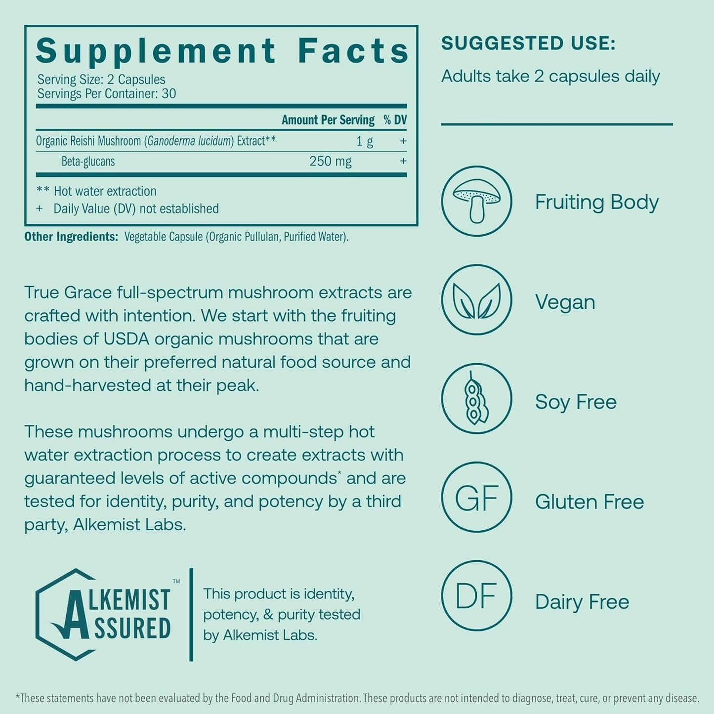 Organic True Grace Reishi Mushroom Capsules for Daily Balance & Longevity - 60 Count