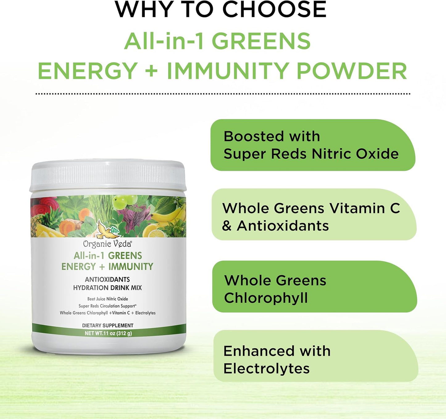 Organic Veda Super Greens Antioxidant Hydration Drink Mix Powder with Electrolytes - Daily Organic Superfoods for Energy and Immunity - 11 oz