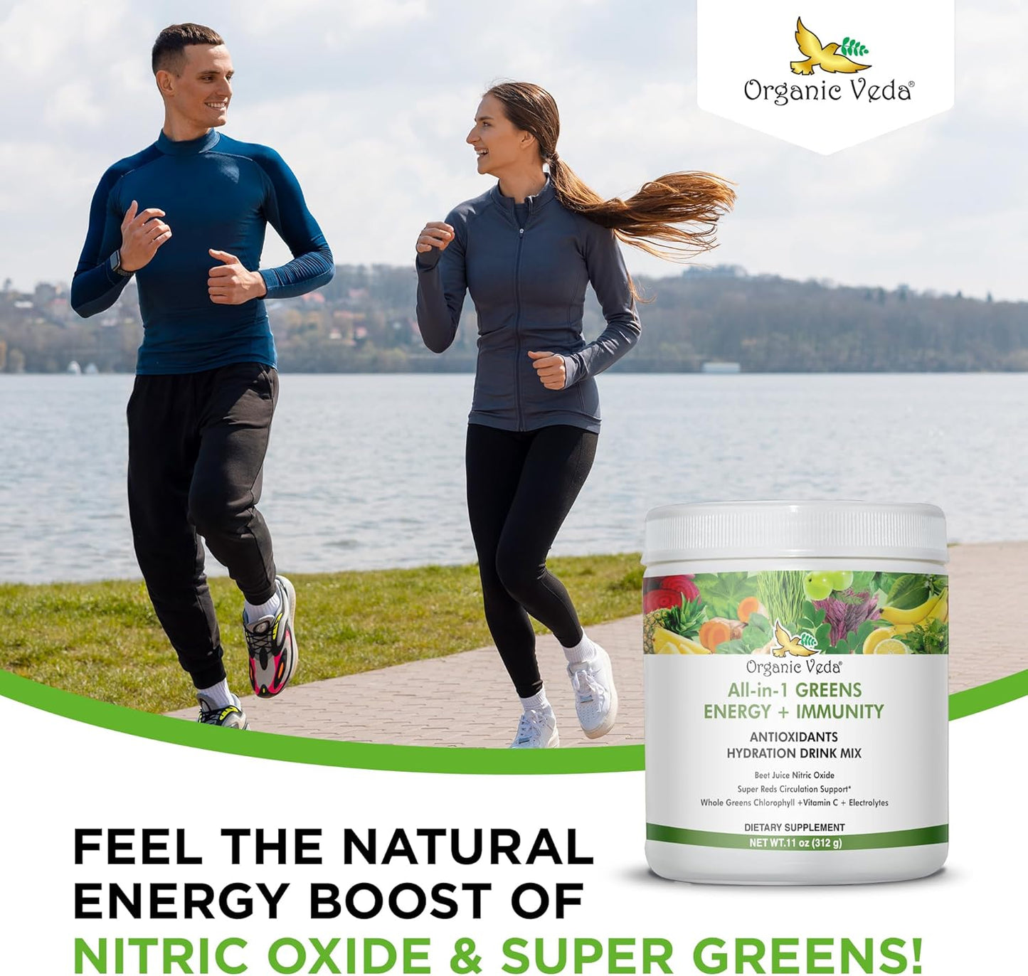 Organic Veda Super Greens Antioxidant Hydration Drink Mix Powder with Electrolytes - Daily Organic Superfoods for Energy and Immunity - 11 oz