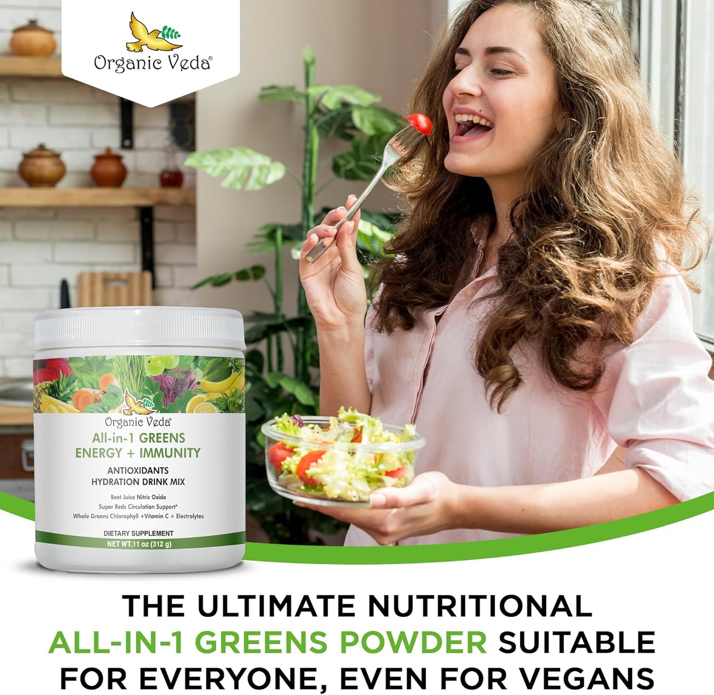 Organic Veda Super Greens Antioxidant Hydration Drink Mix Powder with Electrolytes - Daily Organic Superfoods for Energy and Immunity - 11 oz