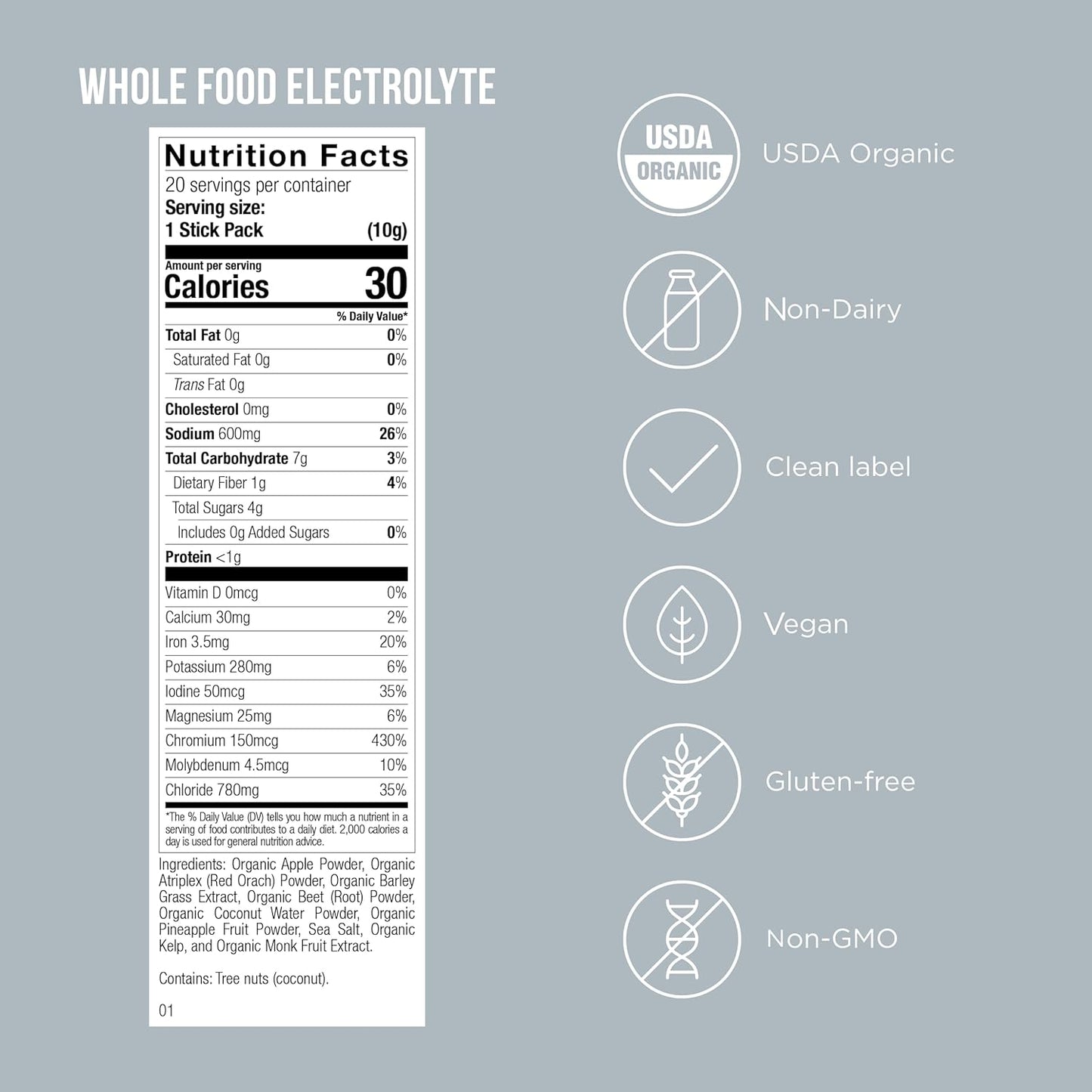 Organic Vegan Electrolyte Powder Mix for Pre & Post-Workout Hydration - Plant-Based, Gluten-Free, Clean Label - 20 Packets