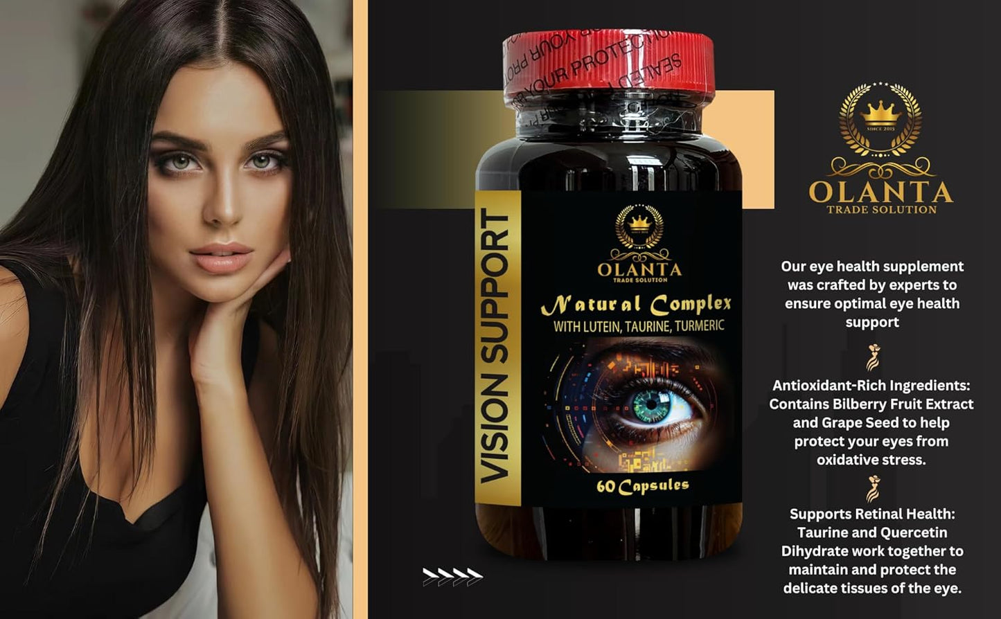 Organic Vision Support Complex with Lutein, Taurine, and Milk Thistle Extract - Eye Vitamin & Mineral Supplement - 60 Capsules