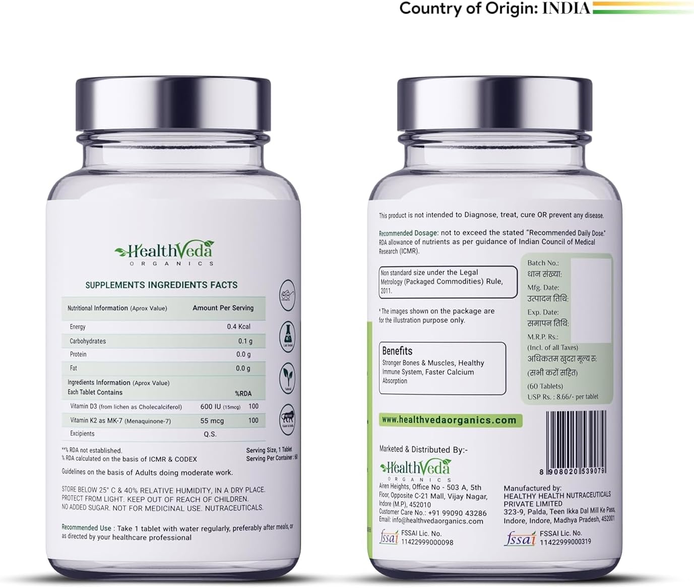 Organic Vitamin D3 (600 IU) with Vitamin K2 (55mcg) | 60 Veg Tablets | Supports Bone, Immune, & Joint Health | Men & Women