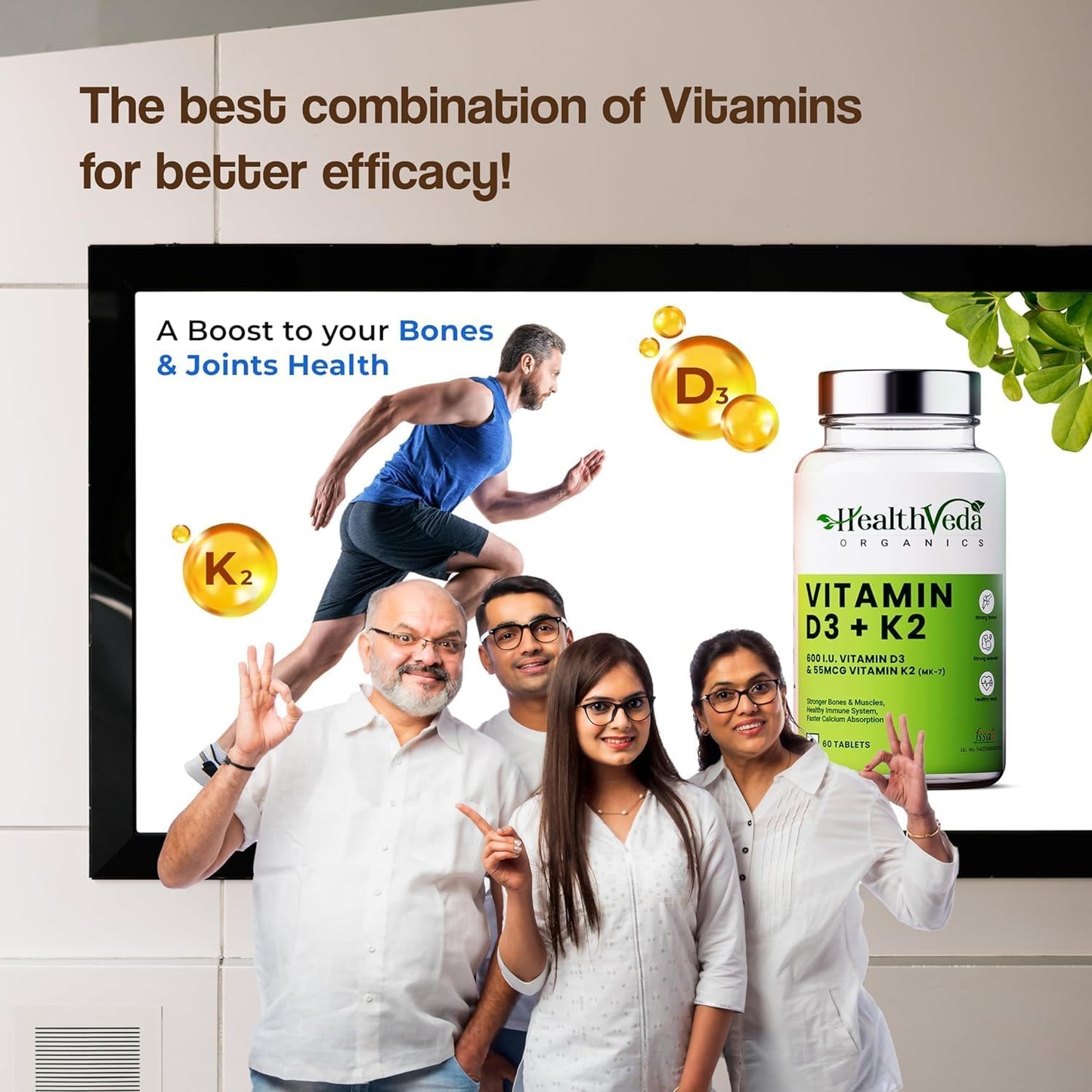 Organic Vitamin D3 (600 IU) with Vitamin K2 (55mcg) | 60 Veg Tablets | Supports Bone, Immune, & Joint Health | Men & Women