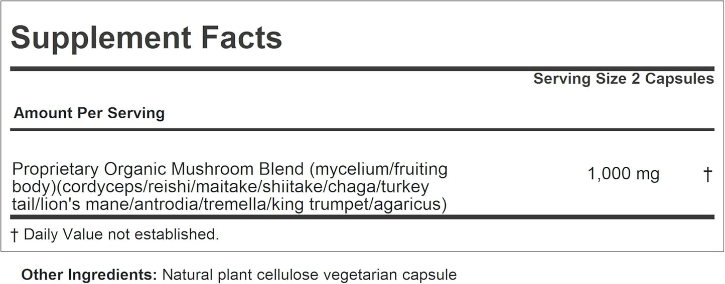 Organic Wellness Mushroom Complex Supplement - 180 Capsules, Full Spectrum Blend of 11 Mushrooms for Overall Health and Vitality, No Additives