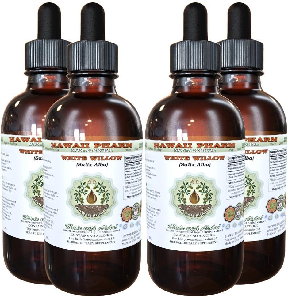 Organic White Willow Liquid Extract - Alcohol-Free Herbal Supplement from Hawaii Pharm - 4x4 fl.oz Bottle - Made in USA