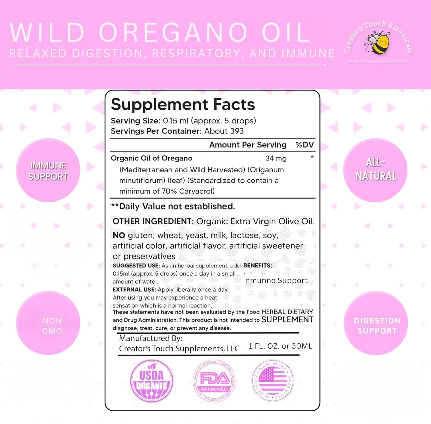 Organic Wild Mediterranean Oil of Oregano Drops for Immune & Digestive Support - 6 Month Supply | Vegan & Non-GMO Herbal Blend for Overall Health
