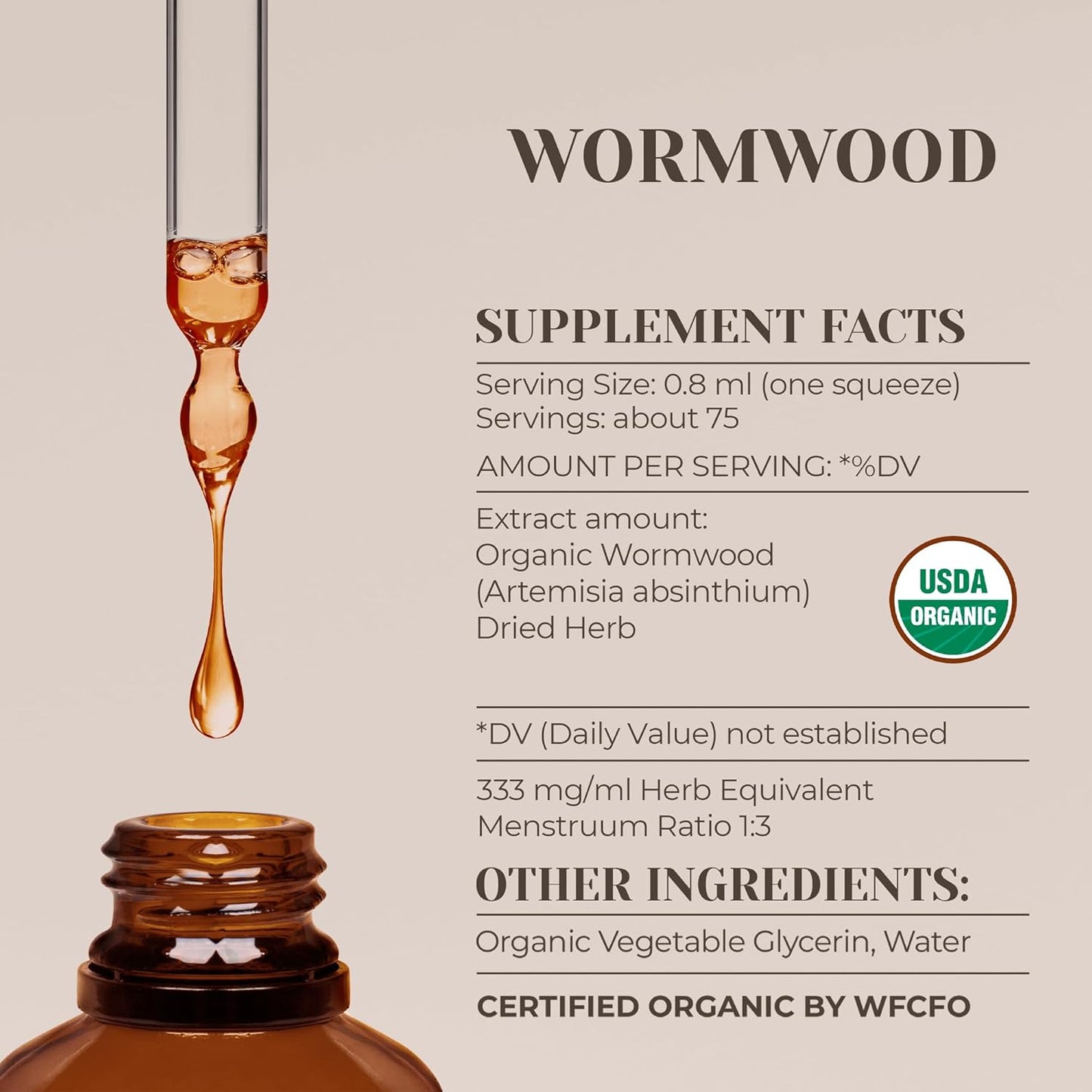 Organic Wormwood Extract Tincture - Alcohol-Free, High-Potency Dietary Supplement - USDA Certified Herbal Remedy (2 oz)