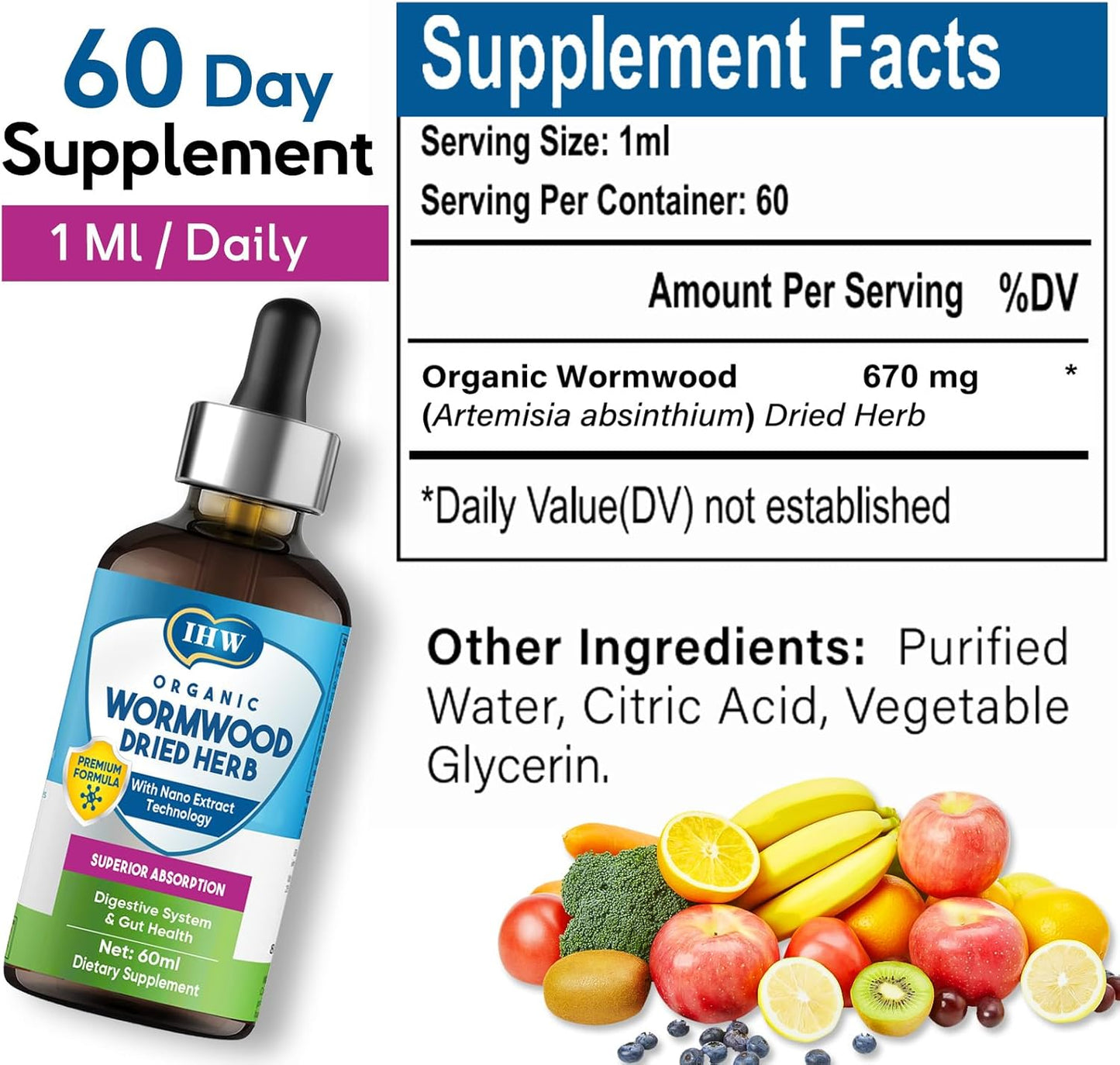 Organic Wormwood Liquid Drops with Black Walnut for Digestive and Intestinal Support